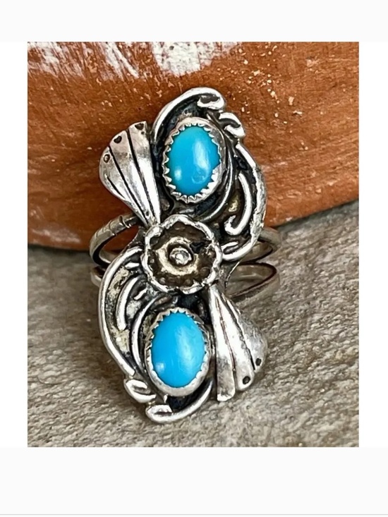 Native American Jewelry - Navajo Sterling Silver Double Stone Turquoise Ring